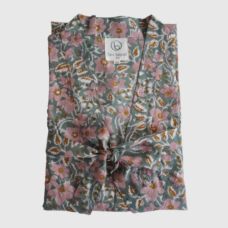 Kimono coton imprimé au blockprint "Summer": fleurs vieux rose sur fond vert amande