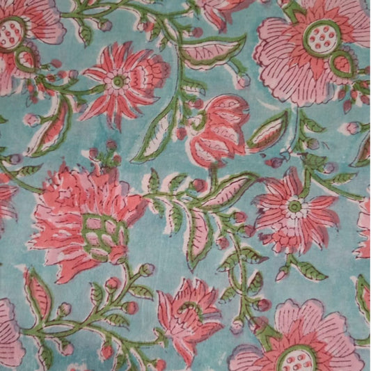 tissu coton imprimé au blockprint : fleurs roses sur fond turquoise